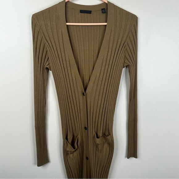 ATM Long Sweater Cardigan in Sahara Womens M Silk Cotton Ribbed Button Front - Picture 4 of 10